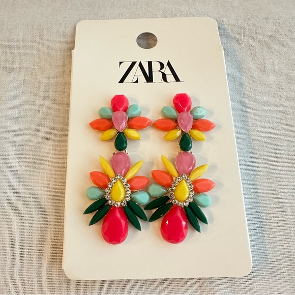 New Zara Multi Colored Jewel Dangle Pink Purple Earrings 1856/229 - Picture 3 of 7